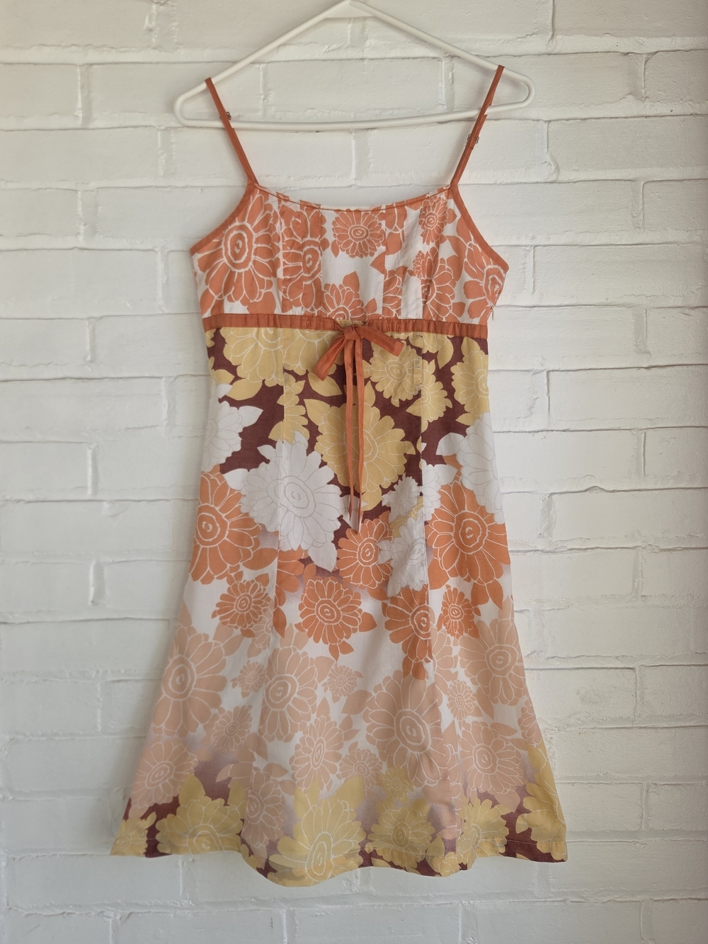 Vintage Y2k Esprit Slip Sun Dress Orange Floral Cotton Empire Waist Size 4